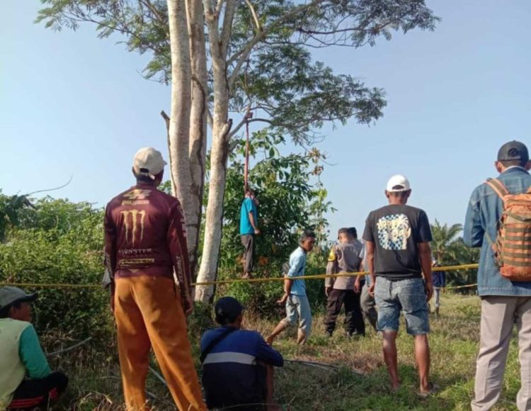 Warga dihebohkan dengan penemuan jasad seorang pria yang tergantung di pohon Sengon di area perladangan Dusun 3,