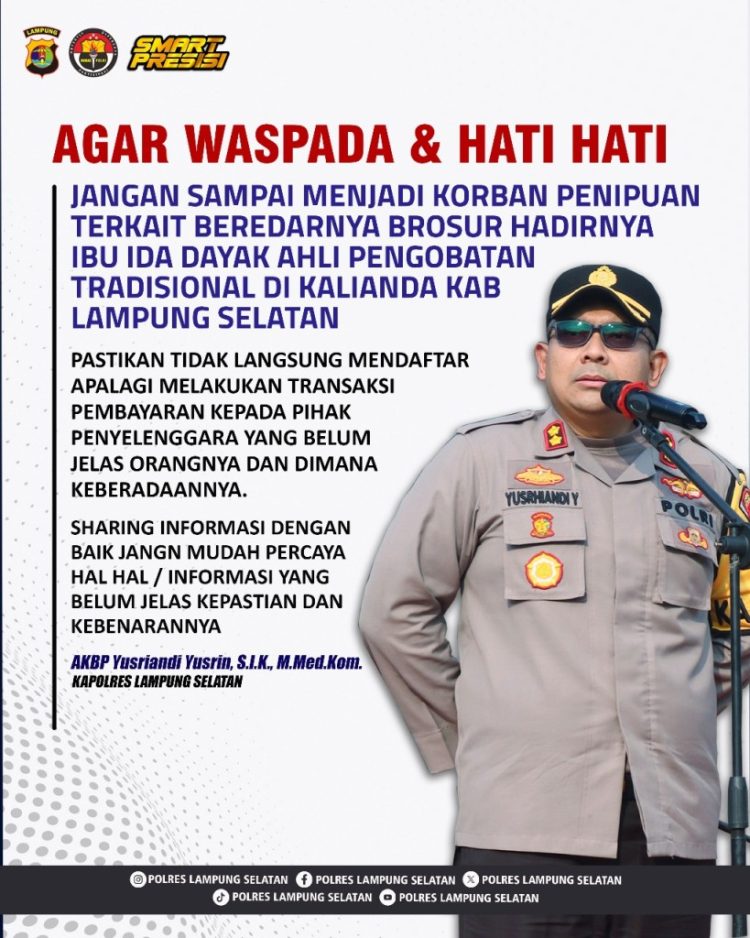 Polres Lampung Selatan Peringatkan Warga Waspadai Penipuan Online Bermodus Brosur Pengobatan Ibu Ida Dayak