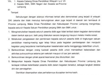 Disdikbud Lampung Terbitkan Larangan Siswa Ikut Demonstrasi, Ruang Ekspresi Generasi Muda Dipertanyakan