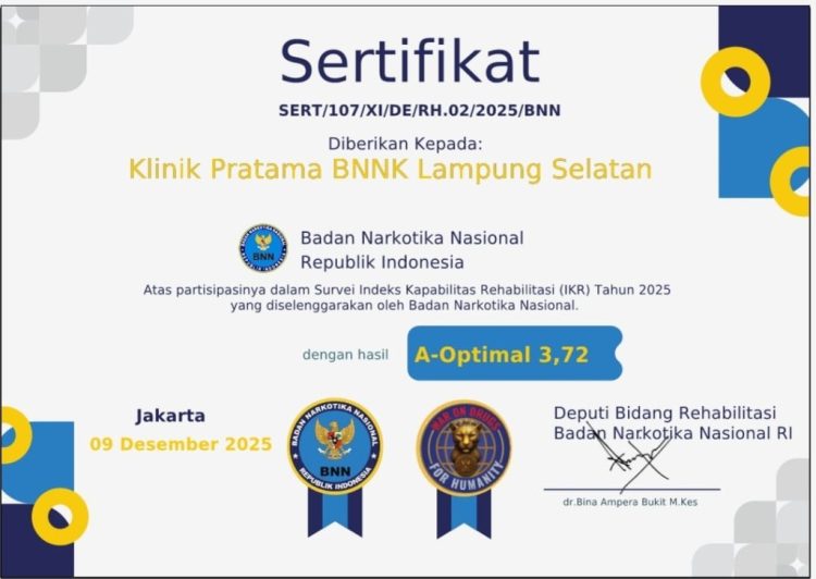 BNNK Lampung Selatan Raih Penghargaan Nasional, Tingkatkan Layanan Rehabilitasi dan P4GN