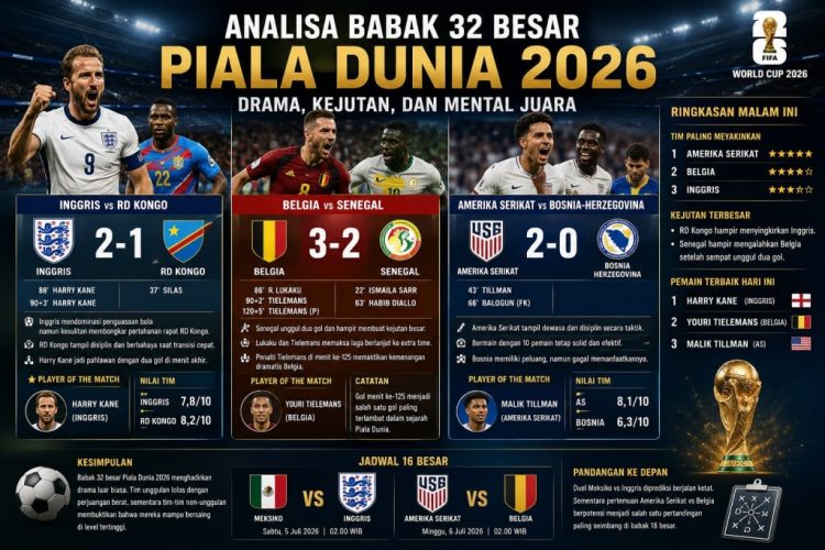 Hasil Piala Dunia 2026: Inggris Susah Payah Singkirkan RD Kongo, Belgia dan AS Ikut Melaju