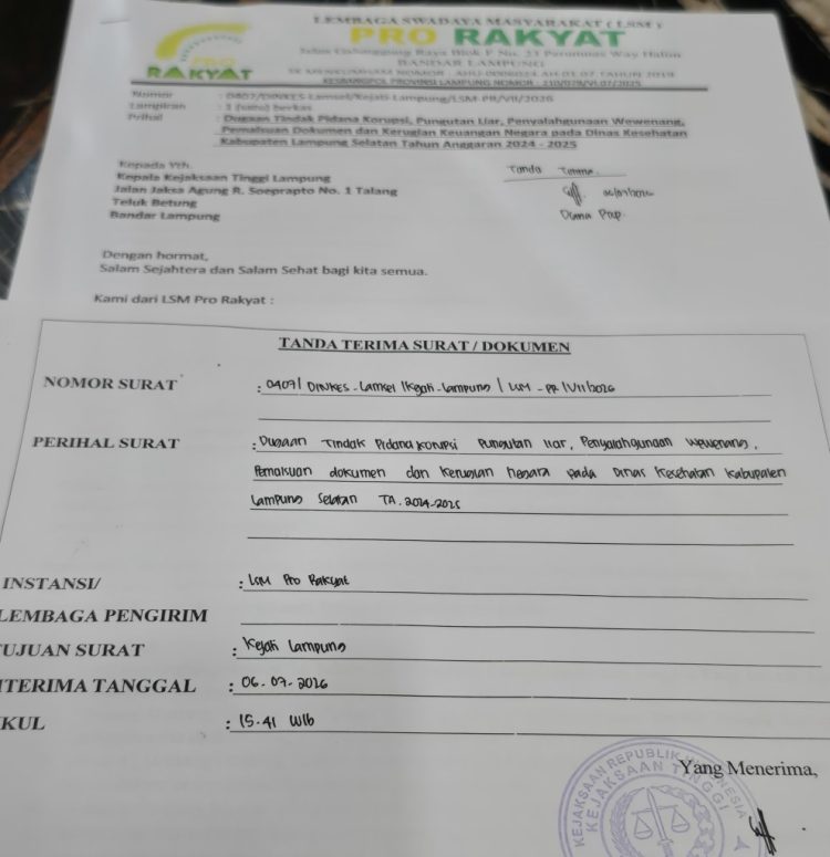 LSM PRO RAKYAT Minta Kejati Usut Dugaan Pungli dan Korupsi di Dinas Kesehatan Lampung Selatan